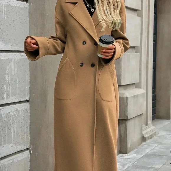 Khaki Casual Women's Pointed Collar Double-Breasted Coat - Picture 6 of 6